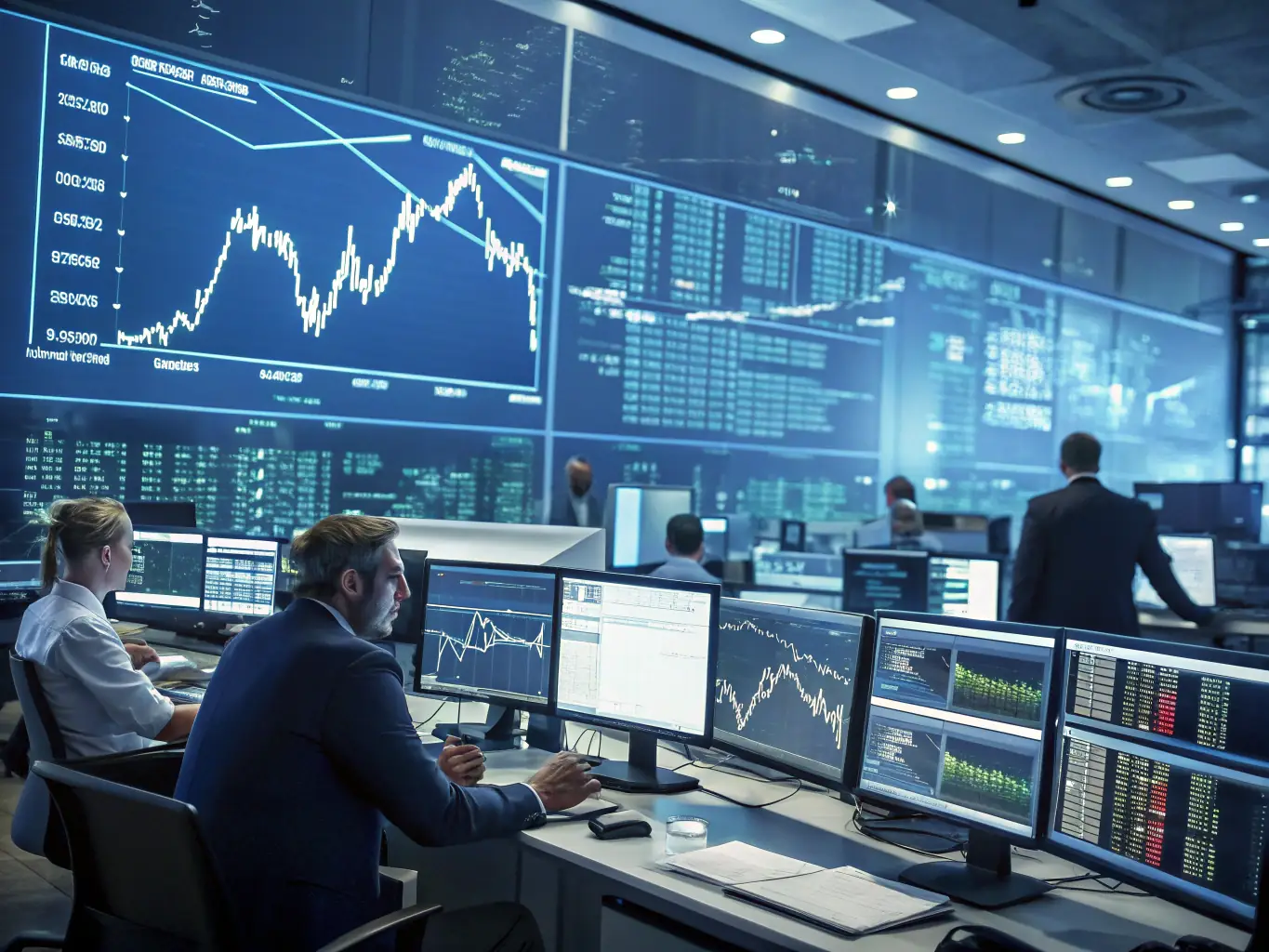 An image illustrating an advanced trading course module, featuring complex algorithmic trading strategies and real-time market simulations, with a professional trader in the background.