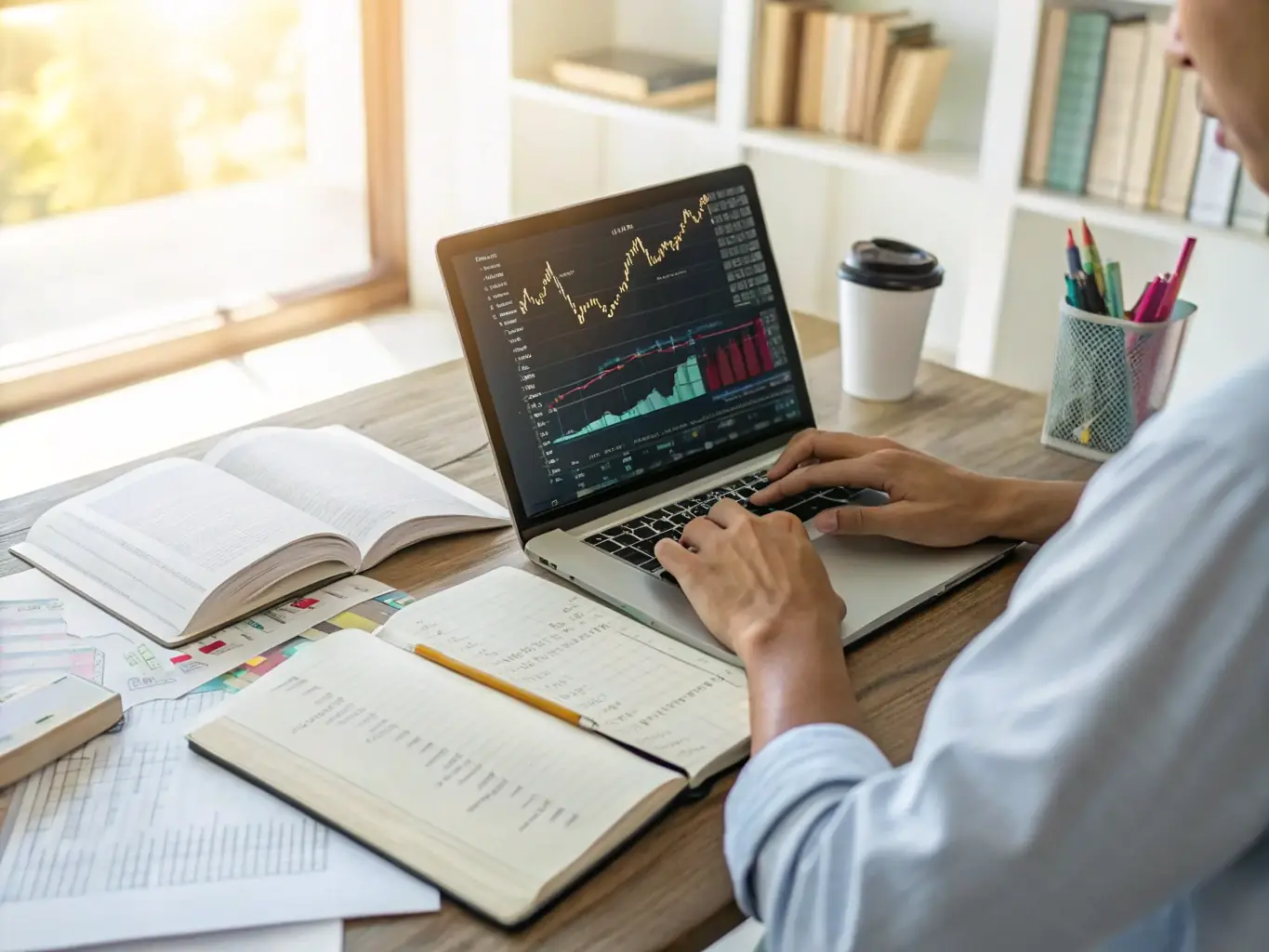 An image depicting a beginner's trading course module on a laptop screen, focusing on the basics of market analysis and trading terminology, set against a backdrop of financial charts.